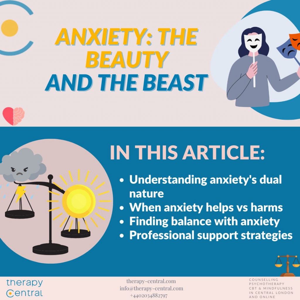 Understanding anxiety as both beauty and beast - dual nature of anxiety explained by Therapy Central UK mental health experts