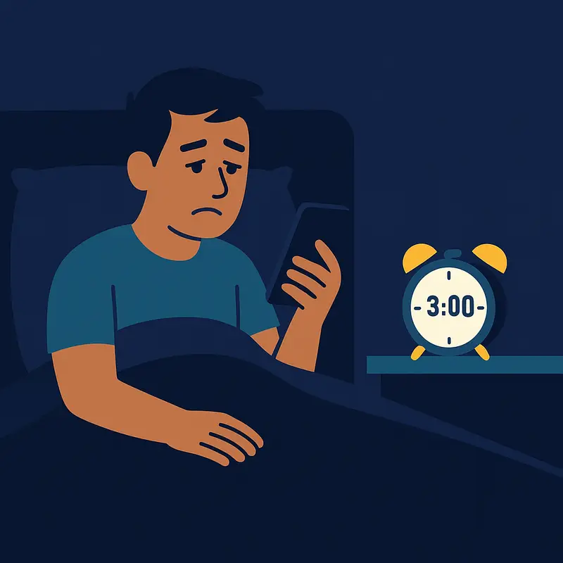A man lies awake in bed at three in the morning, staring at his smartphone while a bedside clock shows “3:00,” illustrating bedtime procrastination and its impact on sleep.