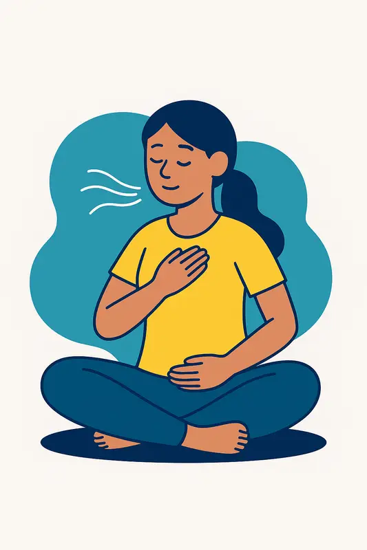 A woman sits cross‑legged and practices deep breathing with her hands on her chest and abdomen, symbolising relaxation techniques for better sleep.