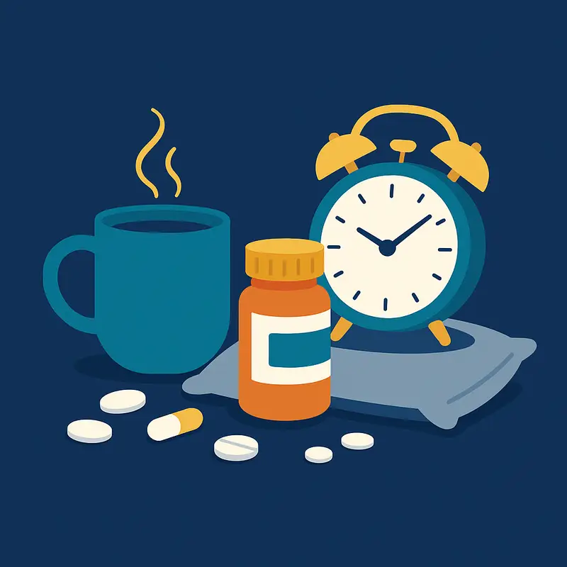 An illustration of a coffee cup, pill bottle, alarm clock on a pillow and scattered tablets, representing substances and habits that disrupt healthy sleep.