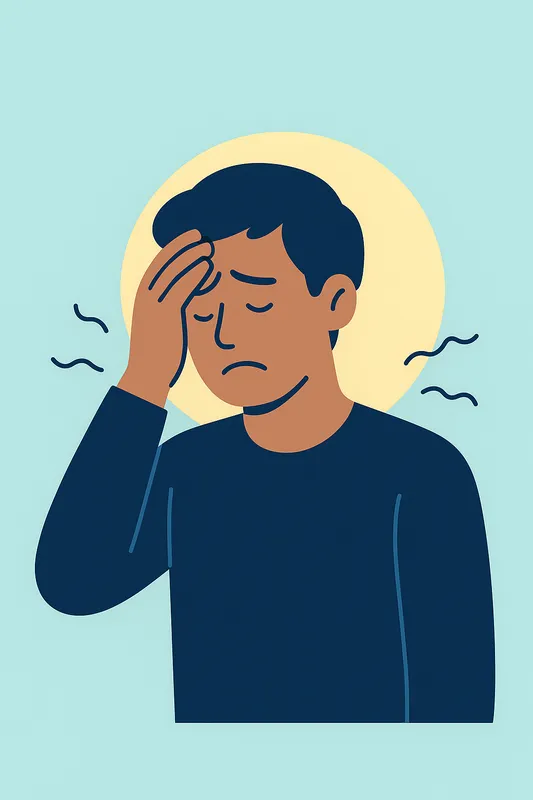 Man touches his forehead while shaking, showing anxiety symptoms.