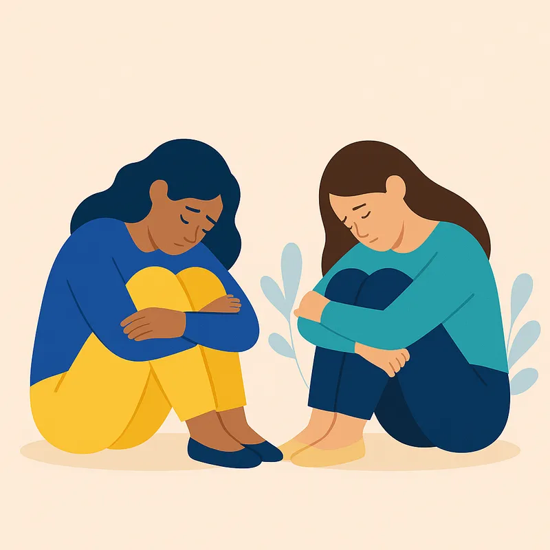 Two women sit on the ground hugging their knees and leaning forward, reflecting shared anxiety.