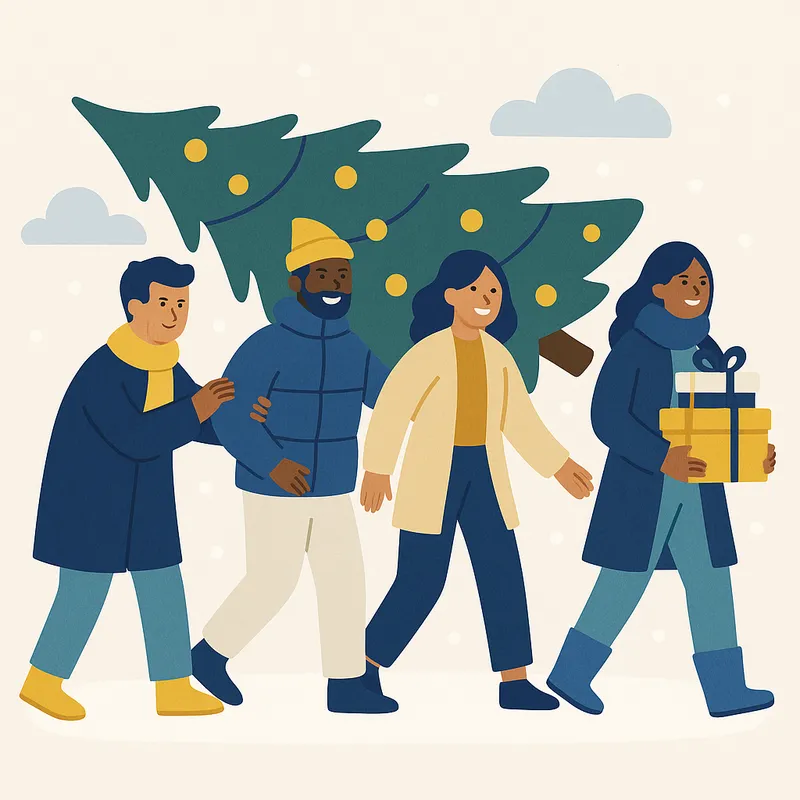 Group of people in winter clothing carry a decorated Christmas tree and presents together.