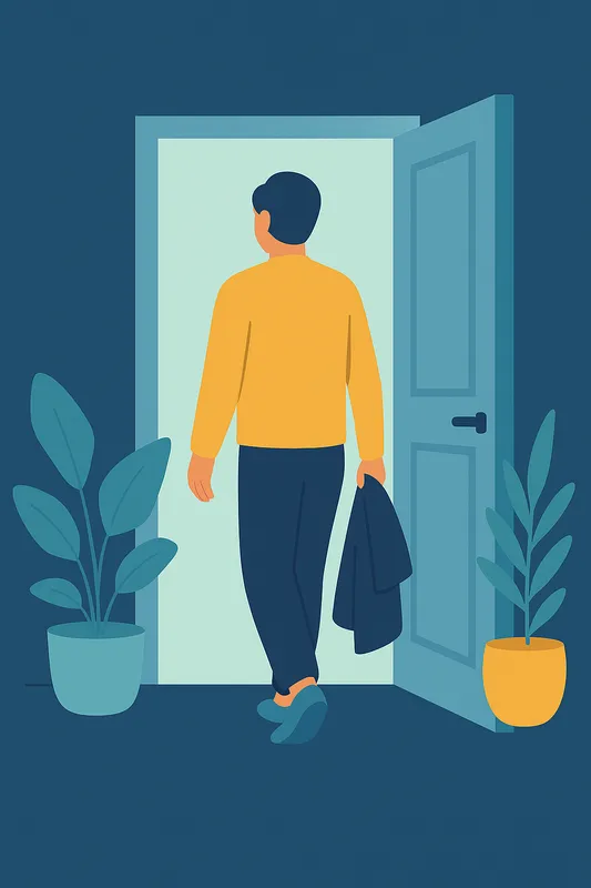 Person walks through a doorway, past potted plants, calmly exiting a stressful room.