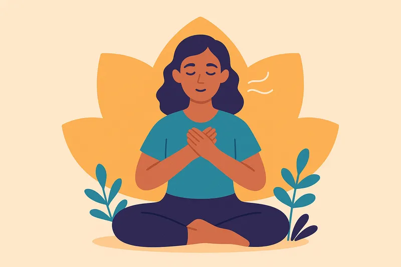 Woman sits cross‑legged with hands on her chest, eyes closed, practicing meditation to ease anxiety.