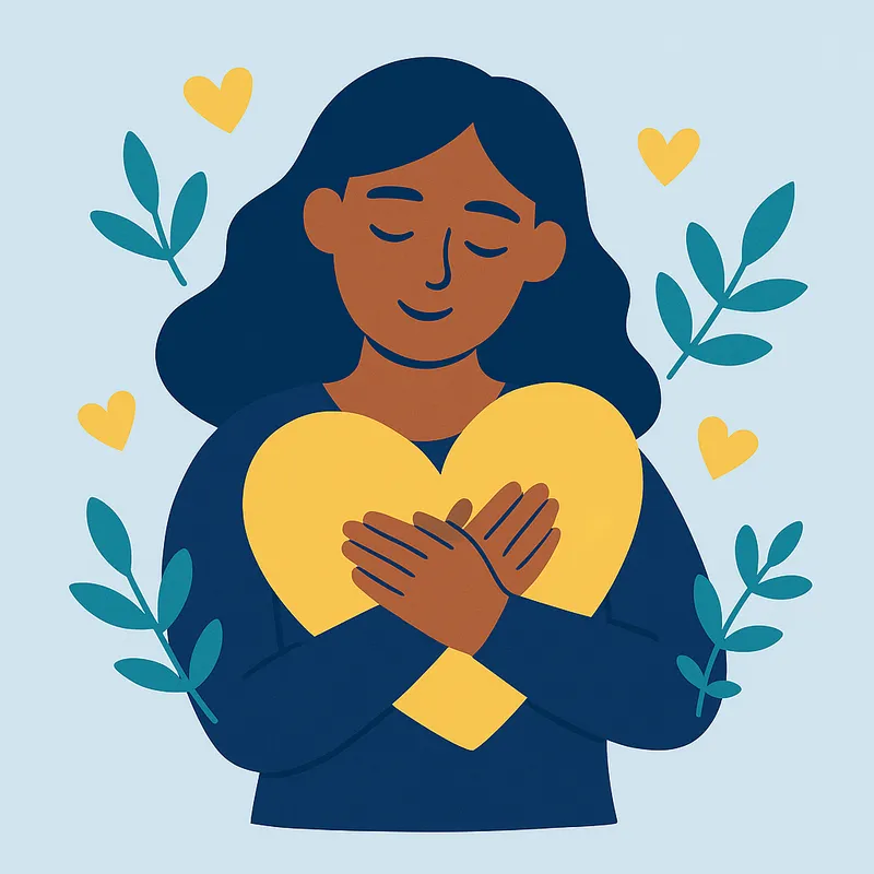 Person embraces a large heart surrounded by leaves and small hearts.