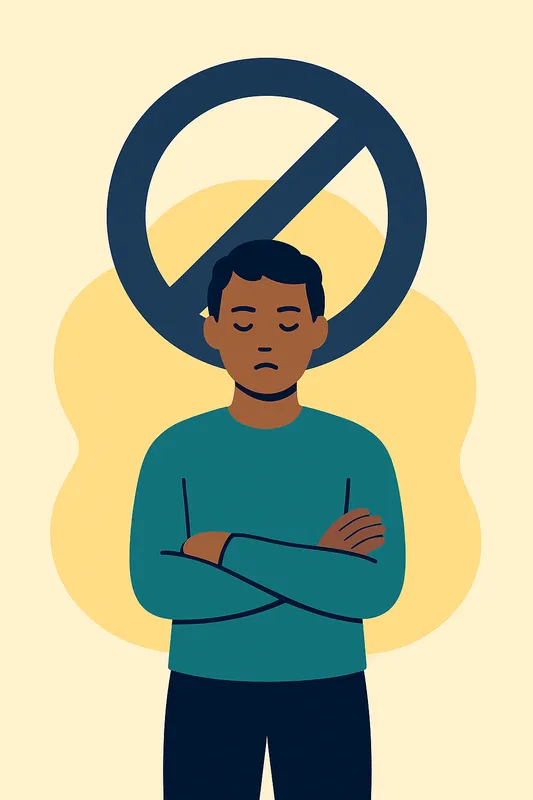 Person stands with arms crossed under a large prohibition symbol to represent boundary‑setting.