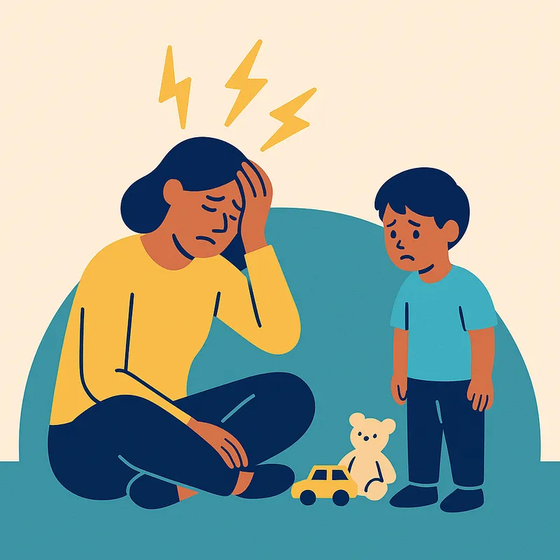 A stressed adult sits with hand on forehead while a child stands nearby with toys, indicating strain.