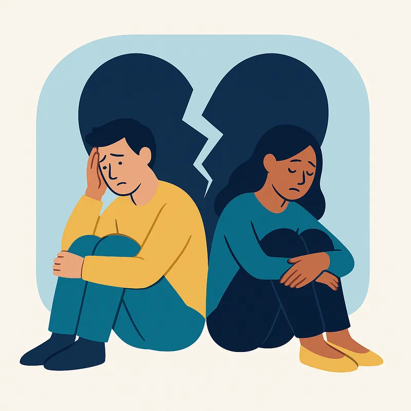 Couple sits back‑to‑back with a broken heart shape behind them, symbolizing conflict.