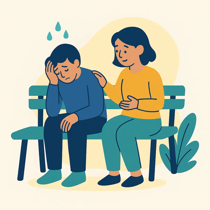 A caring friend sits beside a grieving person on a bench, gently supporting them.