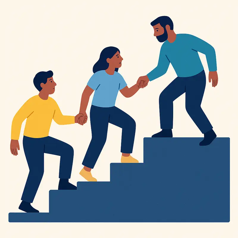 Three people help one another climb up, illustrating mutual support during grief.