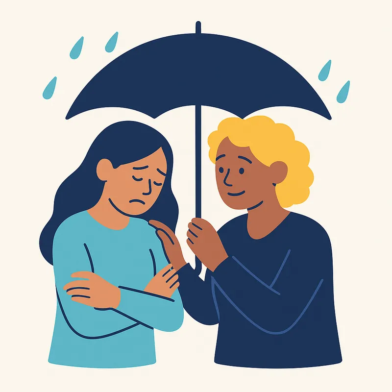 Two people share an umbrella in the rain, offering comfort and empathy.