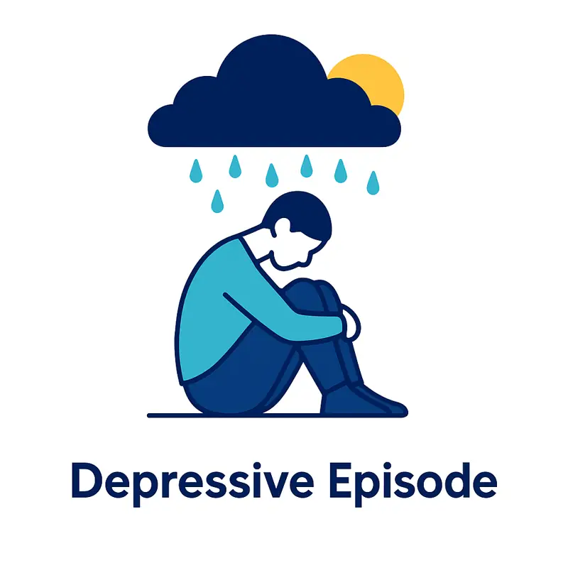 Person sitting under a rain cloud with small sun peeking out – depressive episode concept.