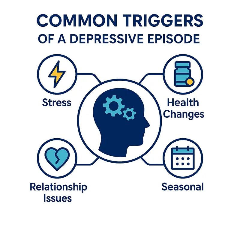 Infographic showing triggers: stress, relationship issues, health changes, seasonal.