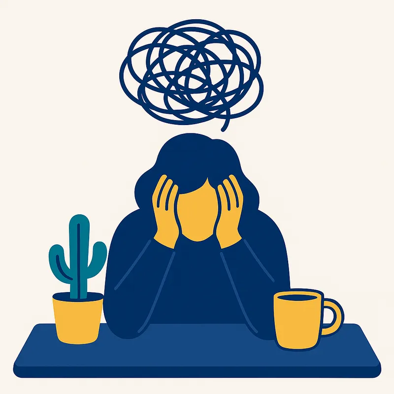 Person holds their head in their hands at a desk, surrounded by swirling thoughts and scribbles.
