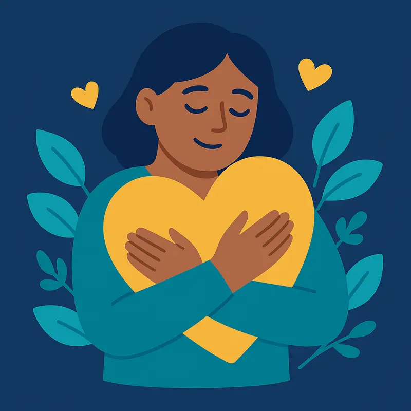 Person hugs a large heart surrounded by leaves and small hearts, symbolising self‑compassion and acceptance.