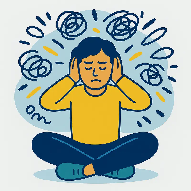Person sits cross‑legged with hands over ears as abstract shapes swirl behind them, representing intrusive thoughts.