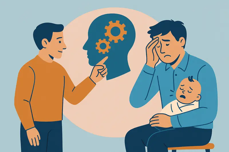 Therapist explaining to father holding baby with gears symbol.