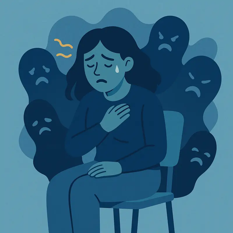 Distressed woman seated with ghost-like intrusive memories behind her.