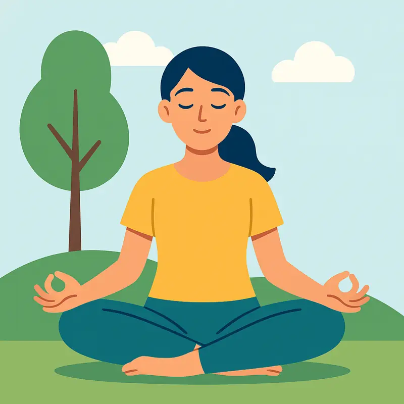 Woman practicing calming mindfulness breathing outdoors.