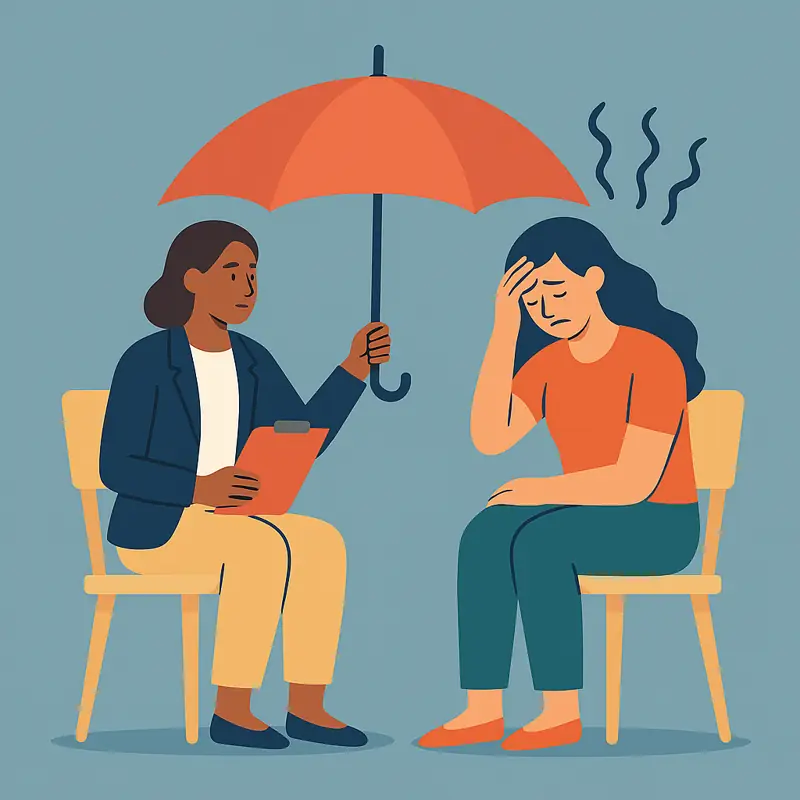 Therapist shielding a distressed client with an umbrella.