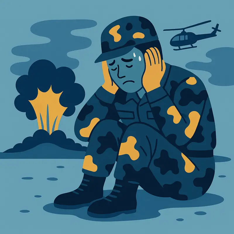Soldier covering ears during a flashback with explosion and helicopter.