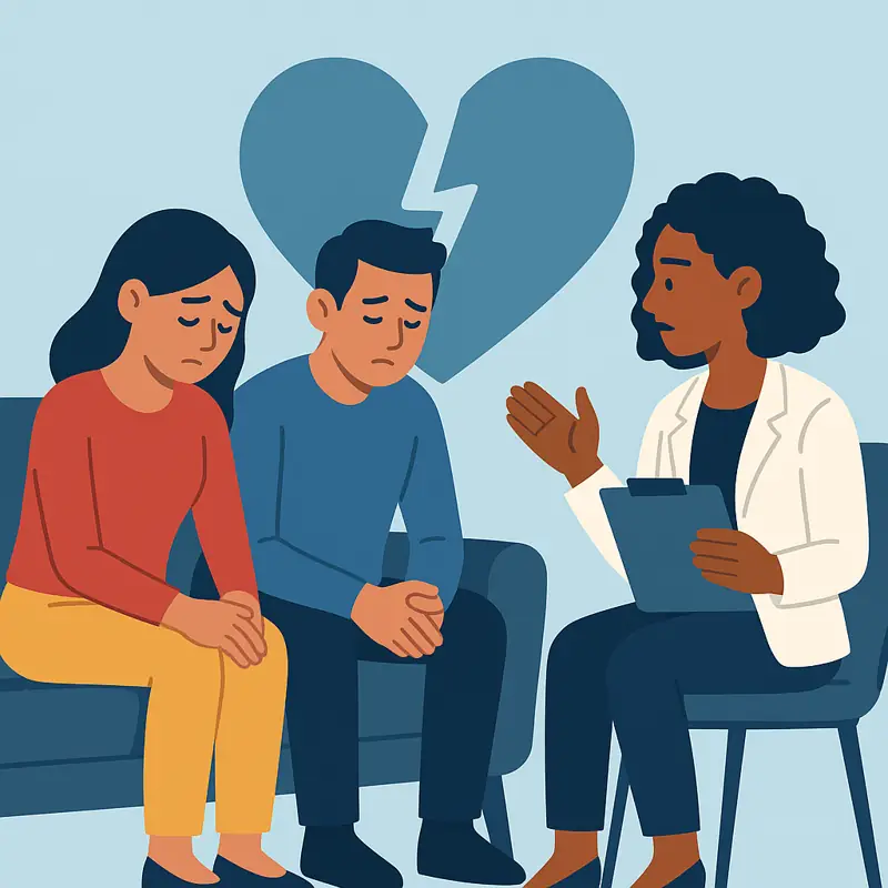 Couple in therapy with broken heart symbol behind them.