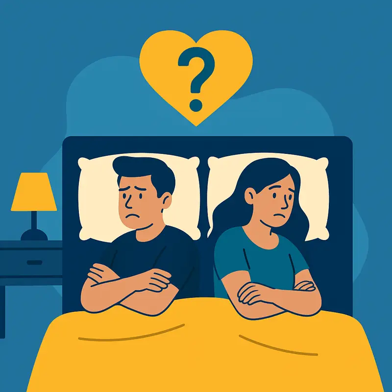 Distant couple in bed with heart question mark – relationship doubts.