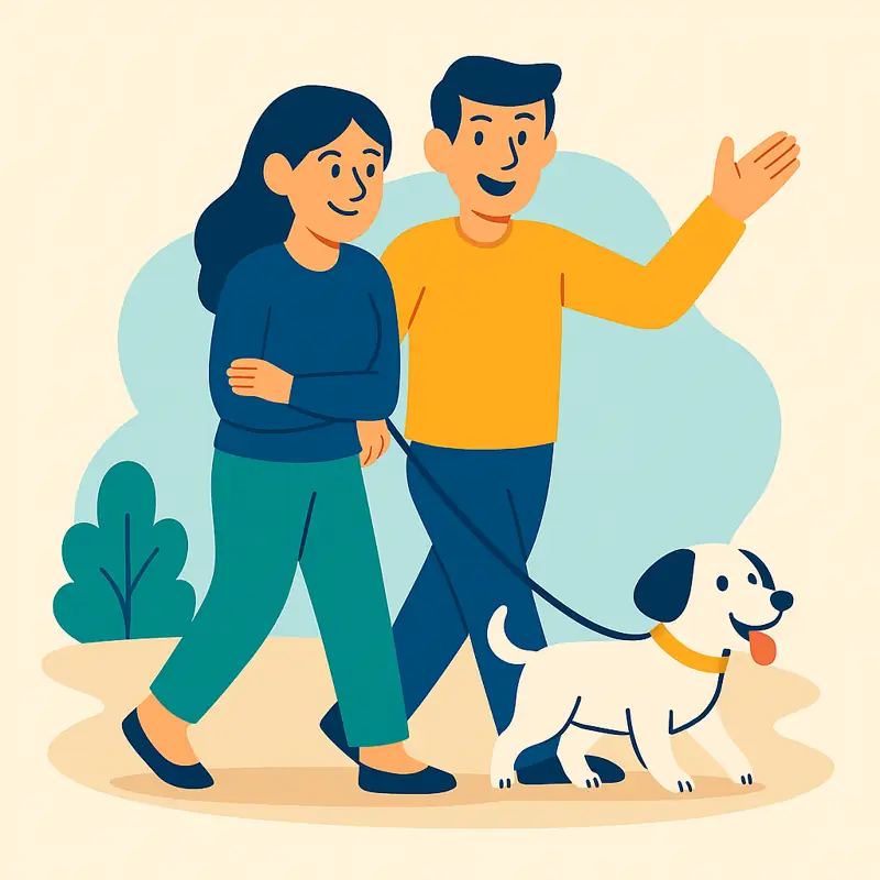 Couple walking dog together – reconnecting after relationship doubts.
