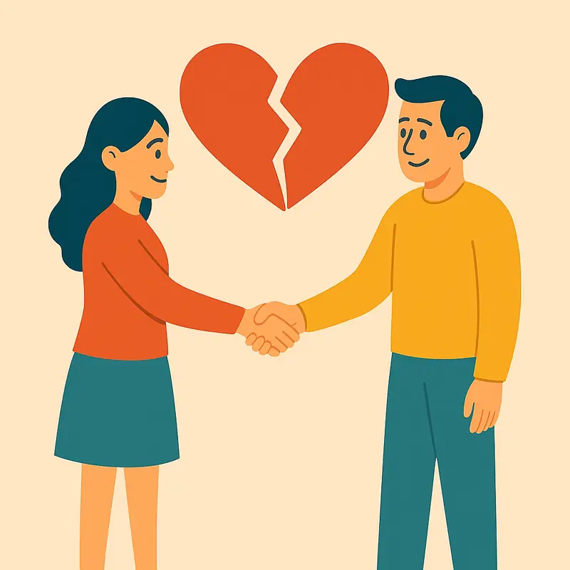 Man and woman shaking hands beneath broken heart – rebuilding trust.