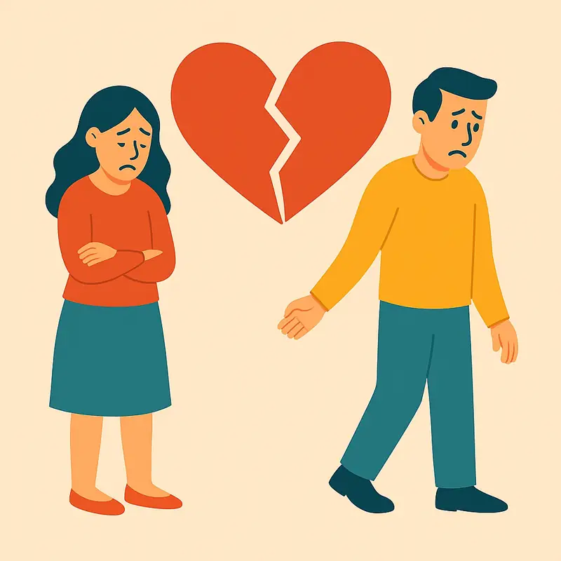 Heartbroken couple separated by large broken heart – effects of broken trust.