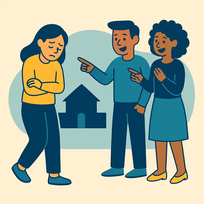 Anxious student walking past peers who are pointing – feeling out of place.