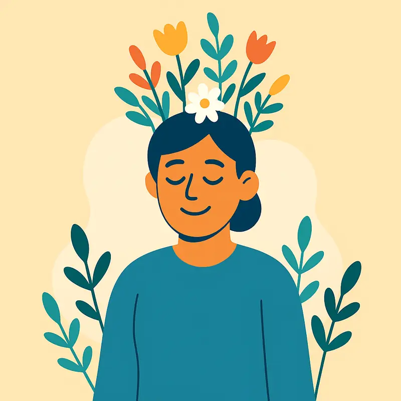 Calm person with flowers sprouting from head – personal growth.