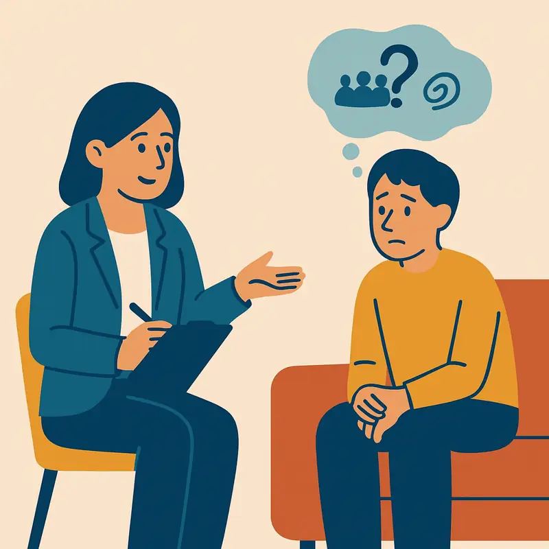 Client in therapy session discussing feeling out of place.