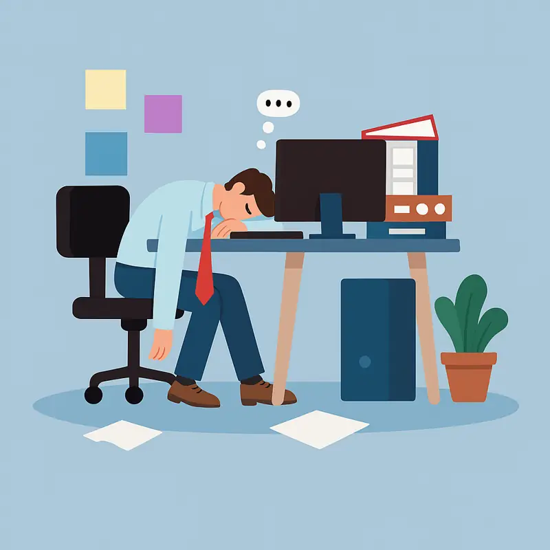 Burnt-out employee asleep at desk surrounded by paperwork – mental health affecting work.