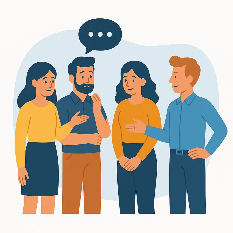Group of colleagues talking supportively – discussing mental health at work.