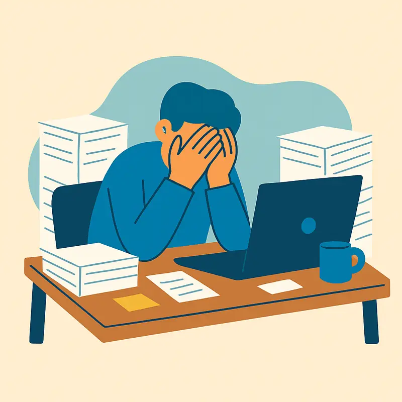 Stressed employee at desk with piles of paperwork – mental health affecting work