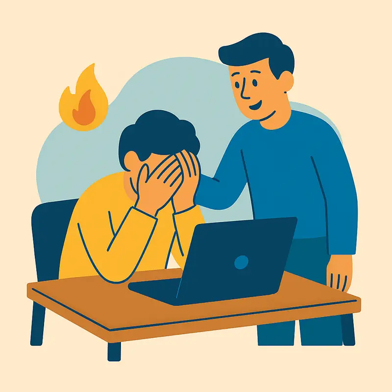 Coworker offering support to overwhelmed colleague at laptop – discussing mental health at work.