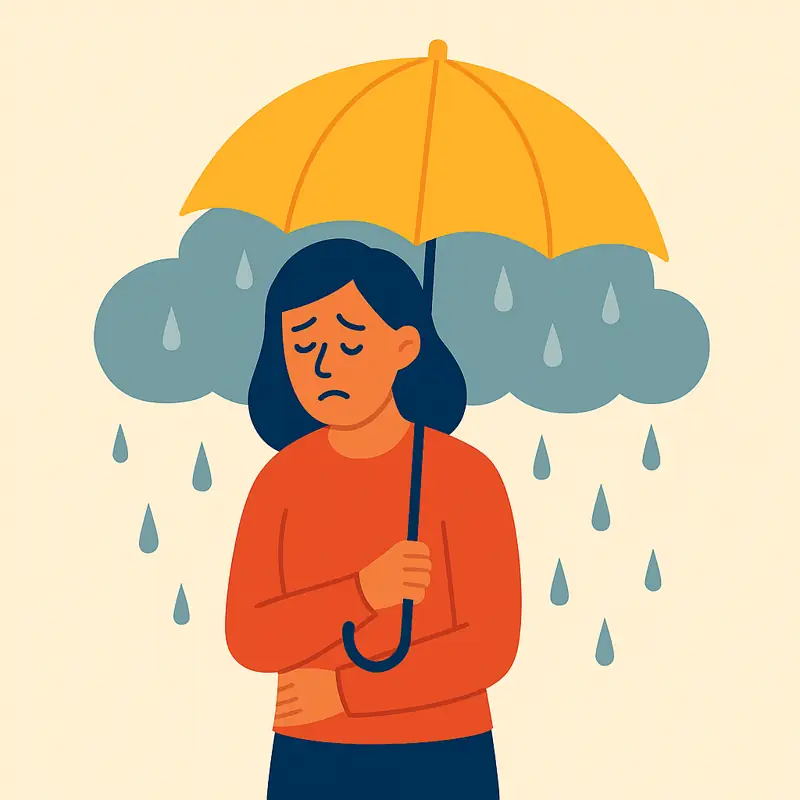 Sad woman standing in rain with umbrella feeling low for no reason.