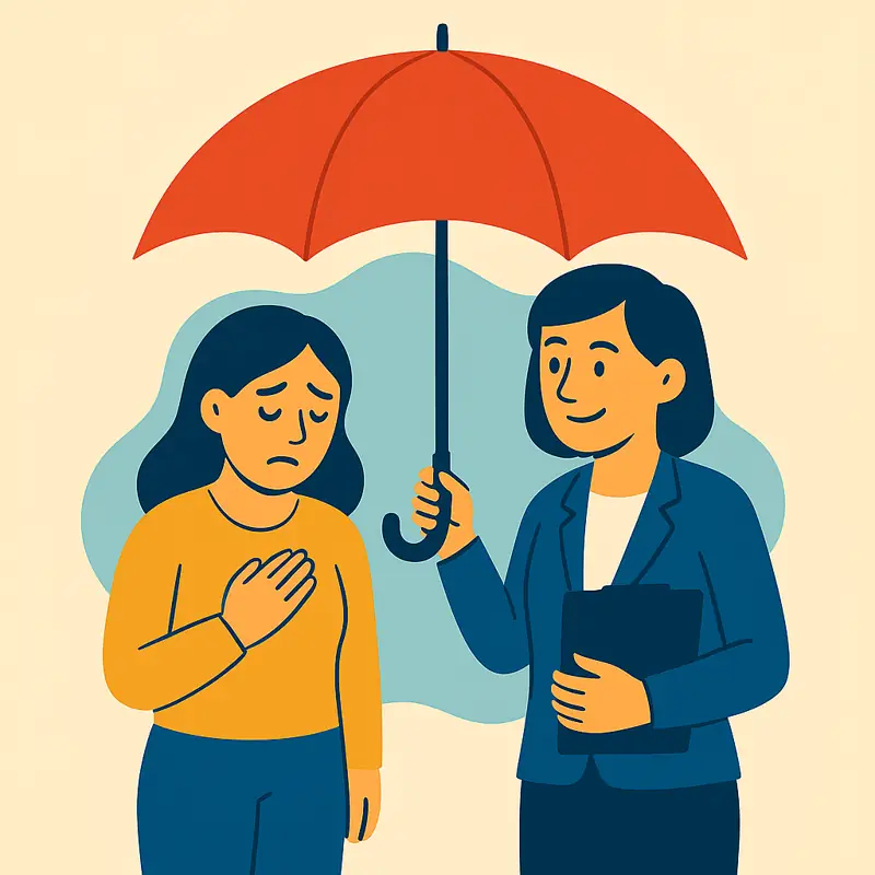 Therapist holding umbrella over sad client – professional help.