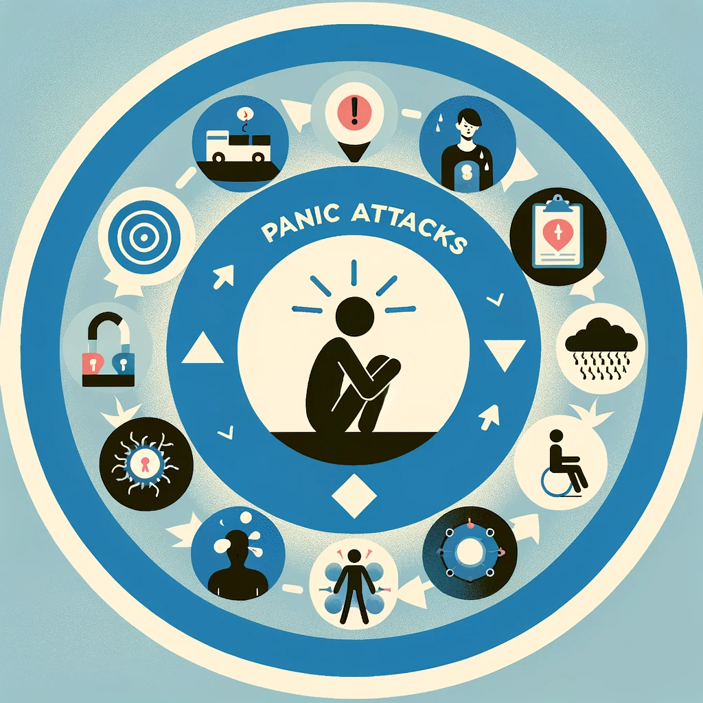 the cycle of panic attacks featuring a central figure surrounded by symbols of worry, avoidance, and anxiety-inducing situations, forming a loop to represent the perpetuating cycle