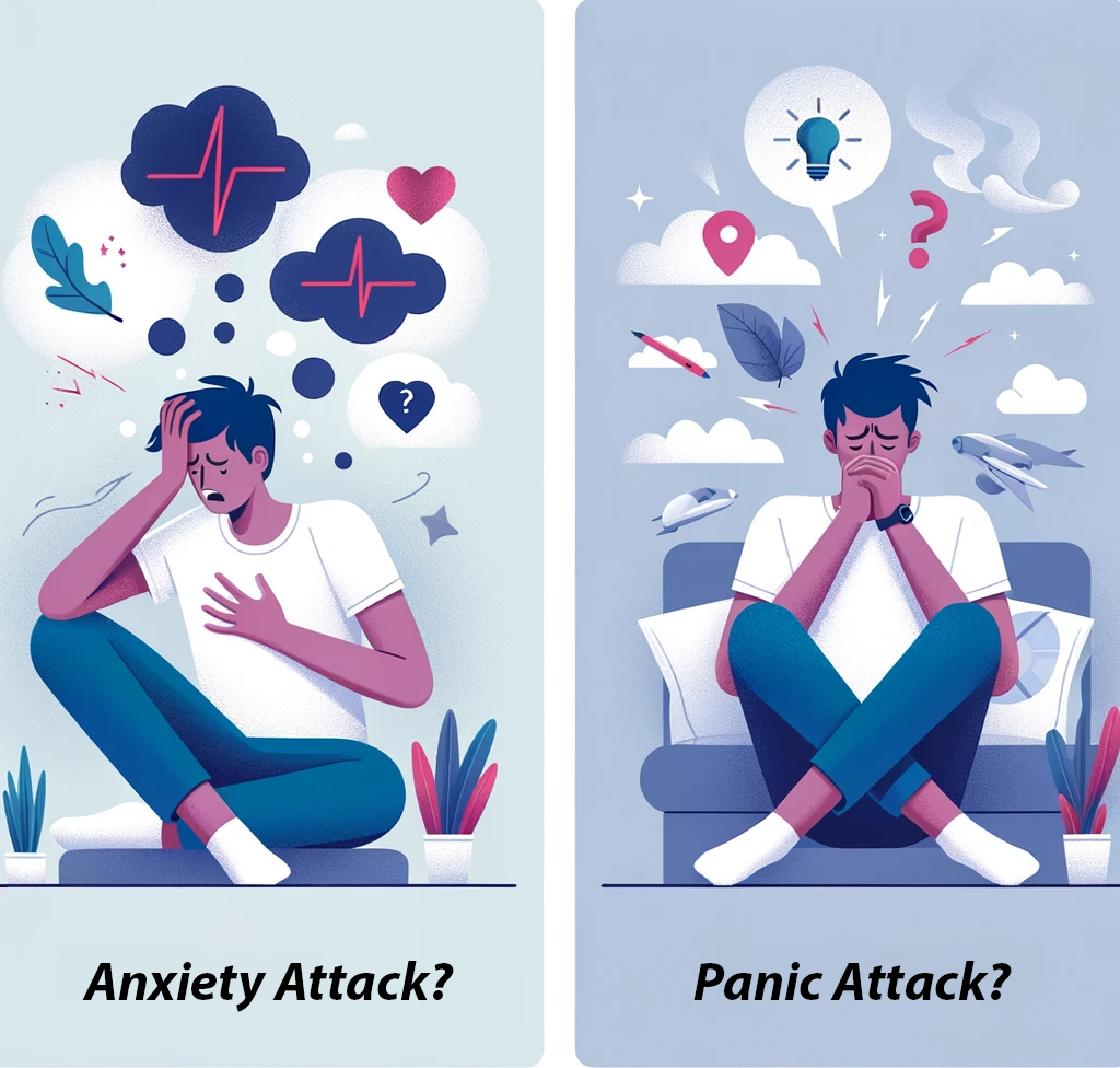 Illustration contrasting panic attacks and anxiety: one side shows a person in the midst of a sudden, intense panic attack, while the other depicts gradual stress and worry typical of anxiety