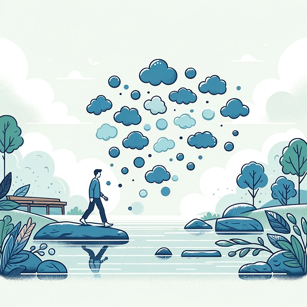 a person in a serene setting, gently stepping away from a cluster of floating thought bubbles, symbolising distancing from thoughts