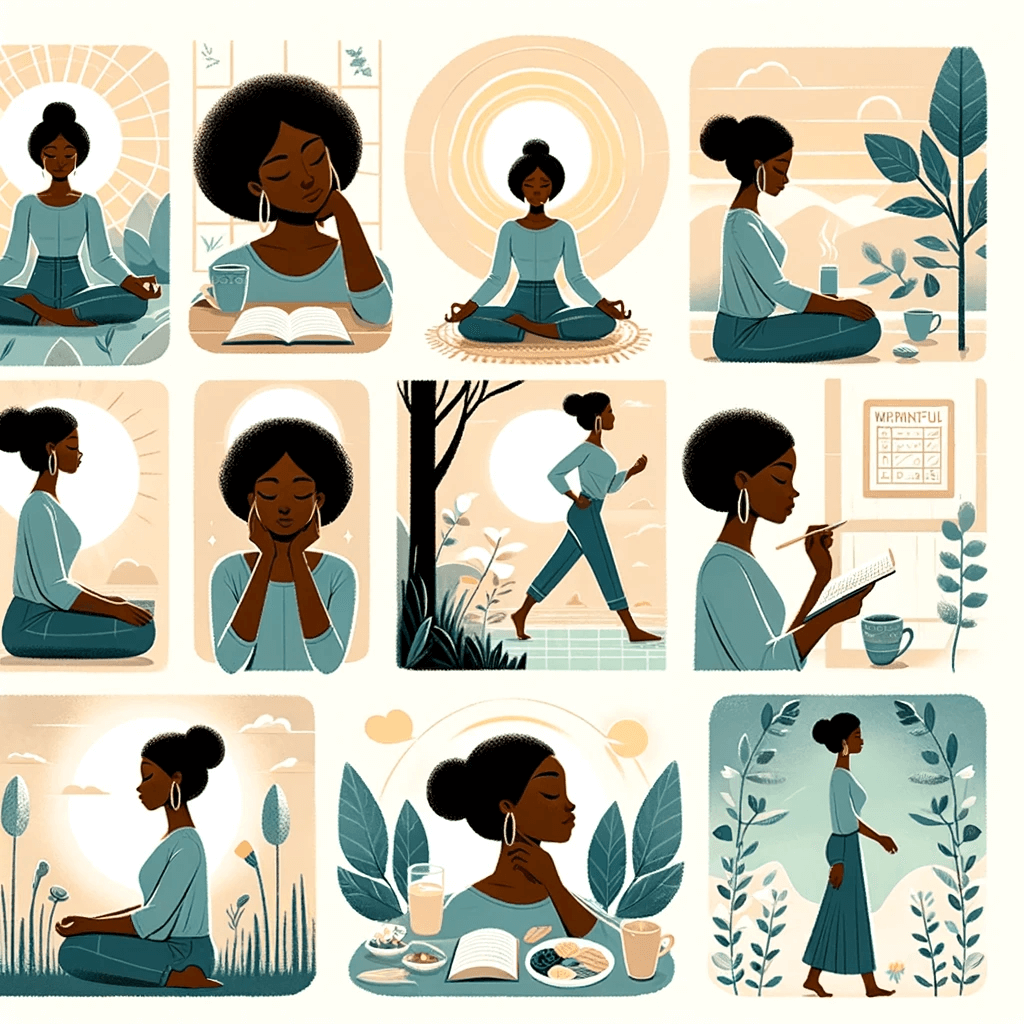 woman engaged in various mindfulness activities, set in a soothing environment