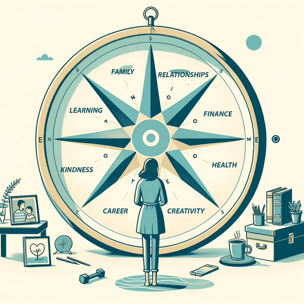 person standing in front of a large compass, symbolising the act of identifying core values
