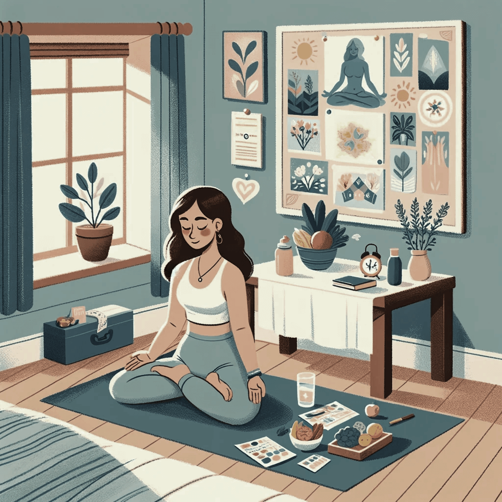 A woman in a peaceful, tidy room that reflects personal growth and the spirit of mindful resolutions