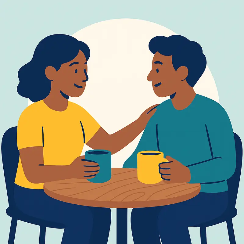 Two friends sit together with coffee, chatting and connecting, illustrating the importance of building relationships beyond romantic ones.