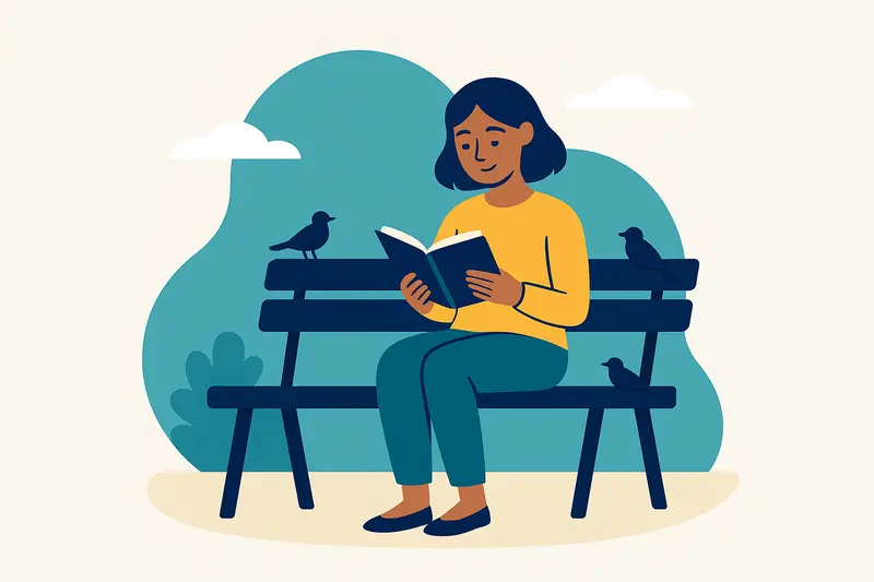 A woman sits on a park bench reading a book while birds perch nearby, representing self-care and balance.