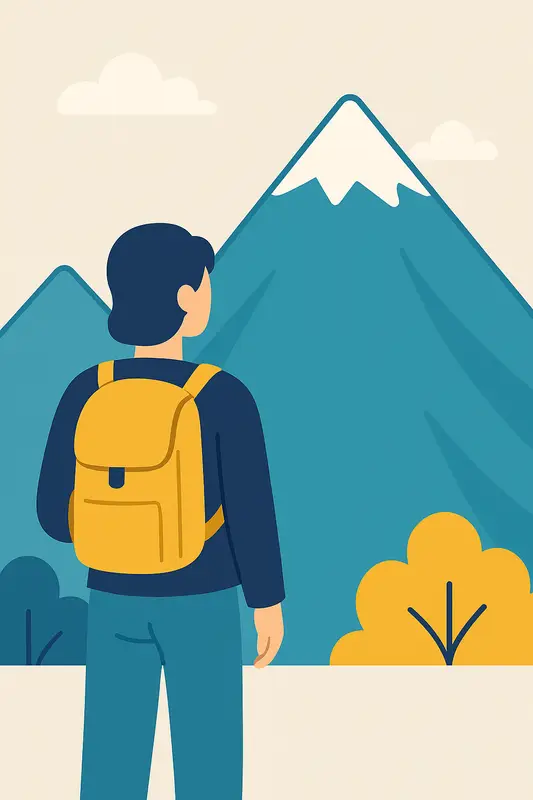 A person wearing a backpack gazes at a distant mountain with a flag and progress markers, symbolising overcoming rejection and striving forward.