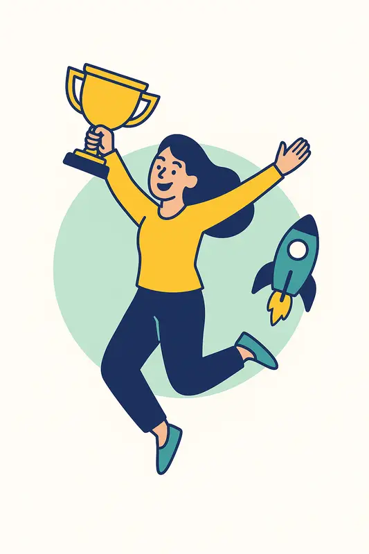A woman leaps joyfully holding a trophy with a rocket beside her, representing reclaiming happiness and success beyond societal expectations.